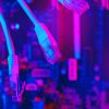 Modern technology network cable in neon light.