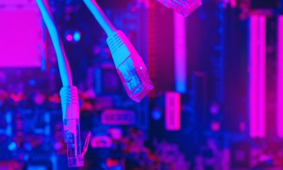 Modern technology network cable in neon light.